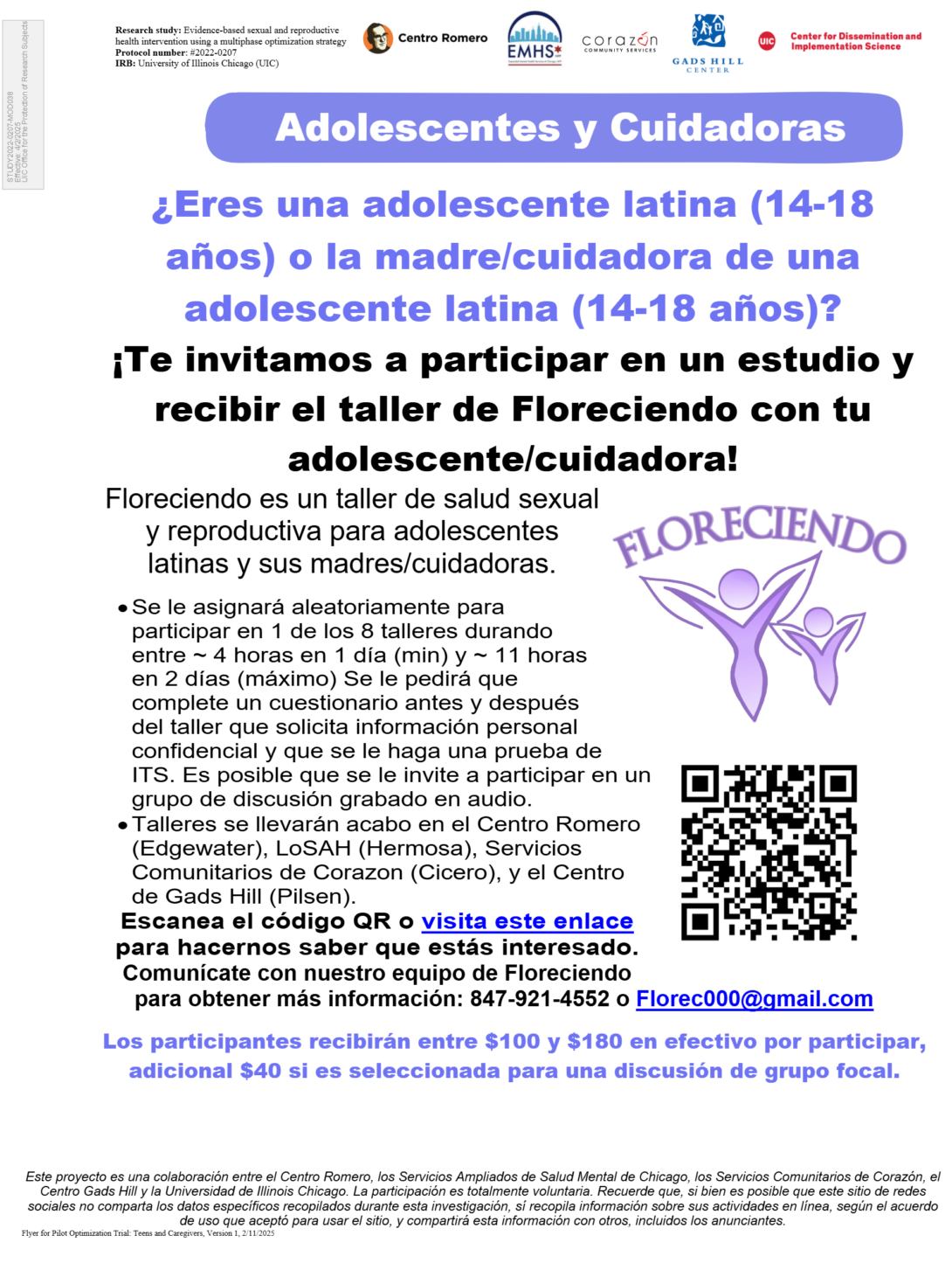 Folleto invitando a adolescentes latinas (14-18) y a sus cuidadores femeninos a participar en el taller de salud sexual y reproductiva Floreciendo. Incluye detalles del programa, incentivos de participación, información de contacto y logotipos de organizaciones asociadas.